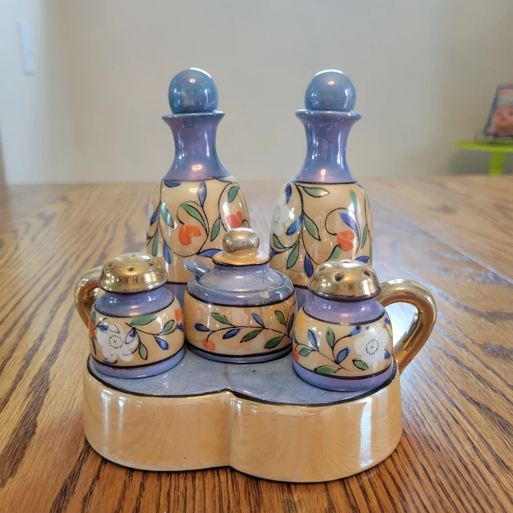 Vintage Lusterware Hand Painted Made in Japan Condiment Tray ~TT 5-piece S&P V&O - Picture 2 of 16